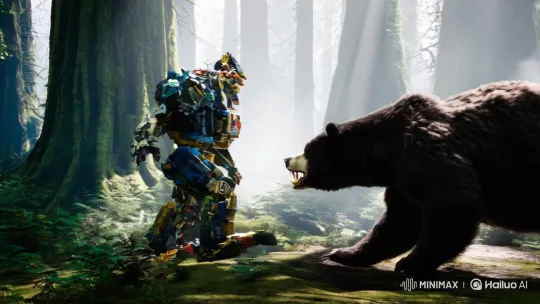 Bionicle Warrior Battles Mighty Bear in Enchanted Forest – AI Generated Video | Hailuo AI