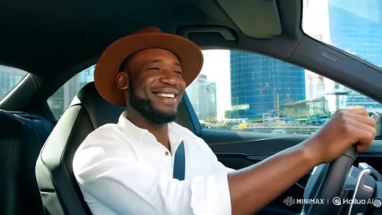 Content Man Drives Through Cityscape With a Gentle Smile – AI Generated Video | Hailuo AI