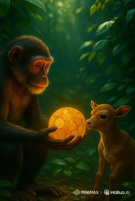 Monkey Offers Fruit to Content Bull in Magical Jungle – AI Generated Video | Hailuo AI