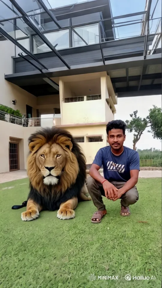 Man Pets Majestic Lion in Front of Modern Building – AI Generated Video | Hailuo AI