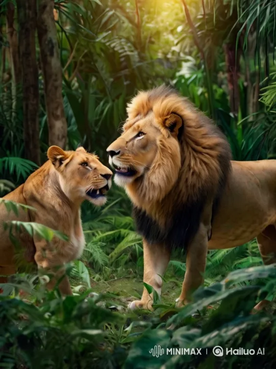 Rainy Jungle Play: Majestic Lions Amidst Nature's Dance – AI Generated Video | Hailuo AI