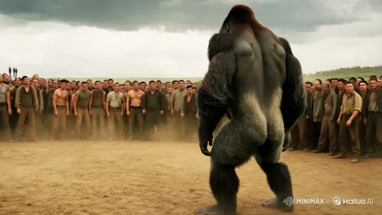 Gorilla Fights Men in Stormy Battlefield Scene – AI Generated Video | Hailuo AI