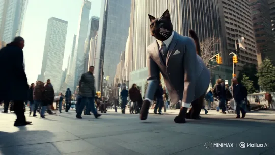 Gigantic Cat in Suit Dances Through Bustling City Streets – AI Generated Video | Hailuo AI