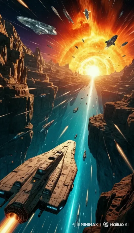 Starship Navigates Canyon Amidst Intense Explosion – AI Generated Video | Hailuo AI