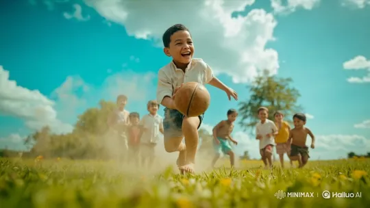Village Boy Playing Ball with Friends in Sunny Field – AI Generated Video | Hailuo AI