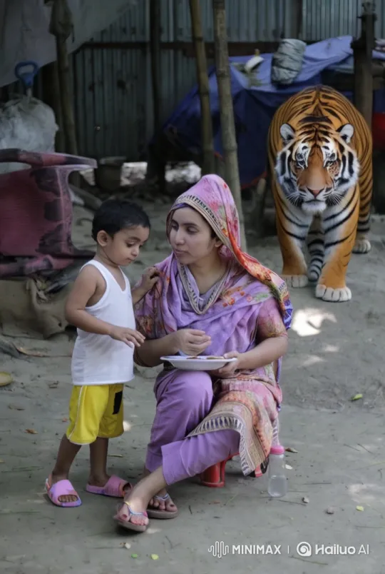 Woman, Child, and Tiger in Colorful Traditional Scene – AI Generated Video | Hailuo AI
