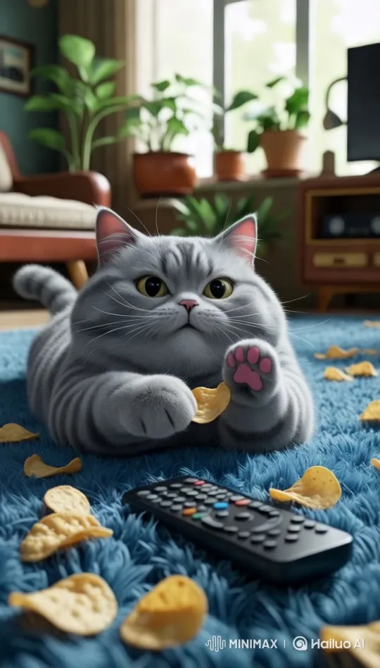 Cozy Living Room: Curious Cat Amidst Potato Chips – AI Generated Video | Hailuo AI