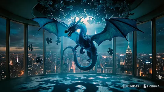Blue Dragon Descends Through Collapsing Ceiling with Jigsaw Pieces – AI Generated Video | Hailuo AI