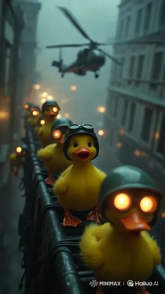 Surreal Ducks Patrol Foggy Cityscape – AI Generated Video | Hailuo AI