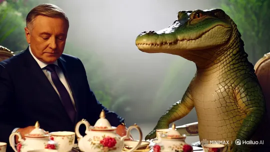 Surreal Tea Time: Zelensky and a Calm Crocodile – AI Generated Video | Hailuo AI