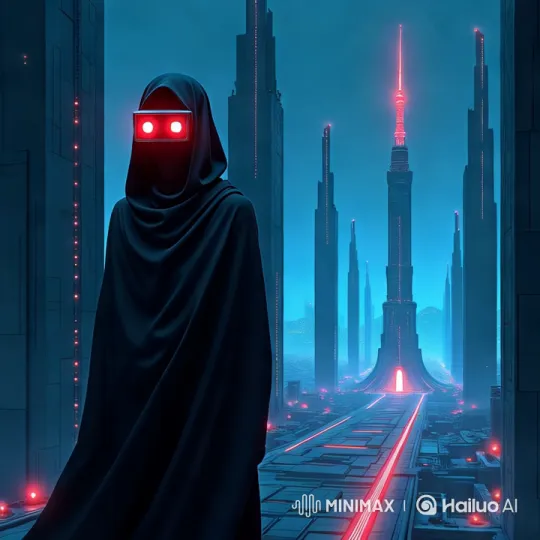 Futuristic Cityscape with Cloaked Character and Pulsating Lights – AI Generated Video | Hailuo AI