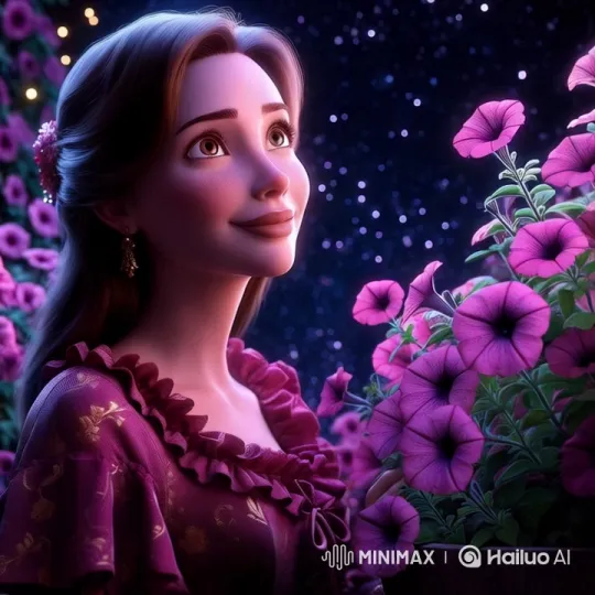 Ethereal Beauty Amidst Purple Blooms and Starry Night – AI Generated Video | Hailuo AI
