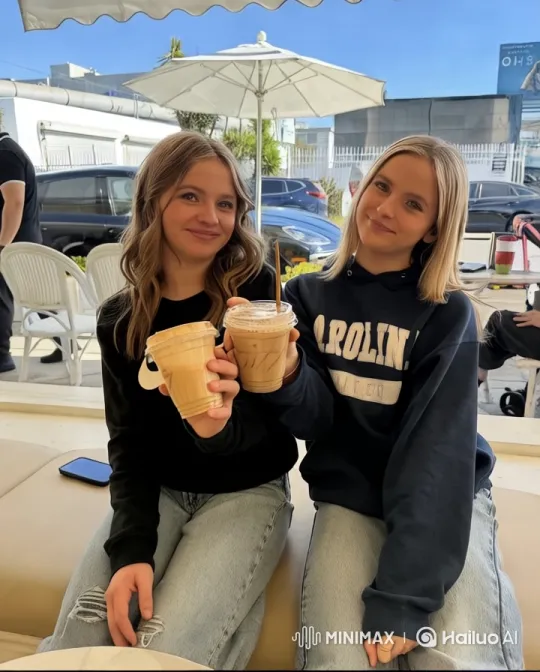 Girls Share Moment on Outdoor Café Bench – AI Generated Video | Hailuo AI