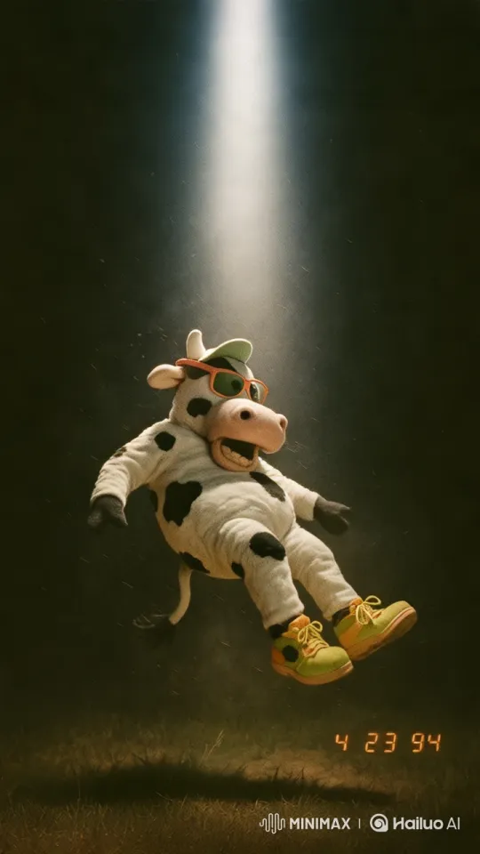 Cow Floats in Spotlight with Dramatic Tracking Shot – AI Generated Video | Hailuo AI