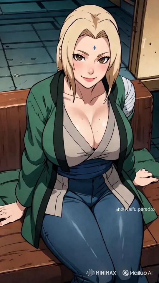 Tsunade in Form-Fitting Dress Under Golden Lights – AI Generated Video | Hailuo AI