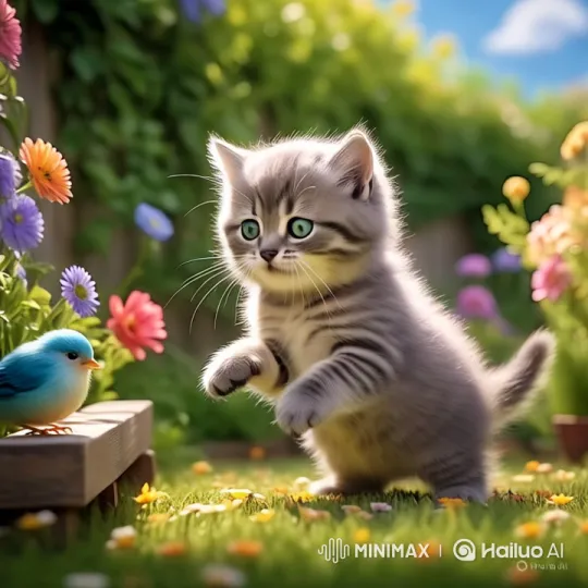 Curious Kitten Interacts with Bird in Serene Garden – AI Generated Video | Hailuo AI