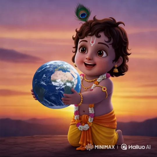 Divine Lord Krishna Contemplates Earth Amidst Serene Sunset – AI Generated Video | Hailuo AI