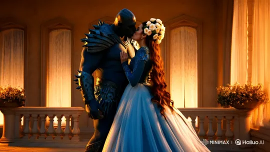 Orc and Woman's Romantic Twilight Moment on a Balcony – AI Generated Video | Hailuo AI