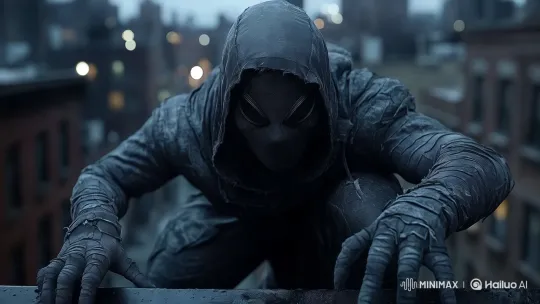 Silent Rooftop Ascent: Shadowy Figure in Urban Thriller Scene – AI Generated Video | Hailuo AI
