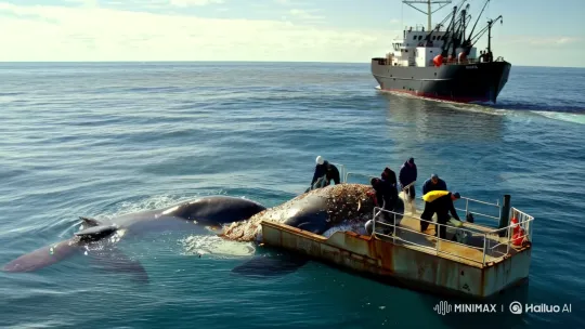 Distressed Whale and Ship Amidst Ocean Pollution – AI Generated Video | Hailuo AI