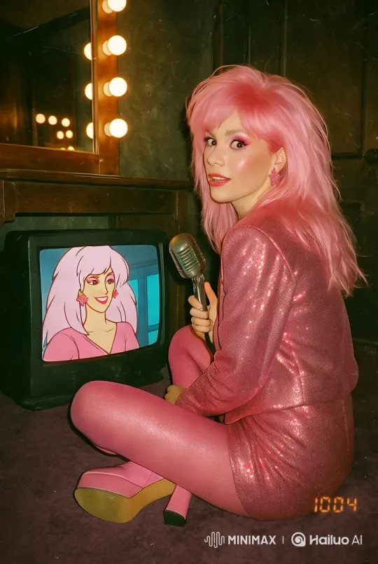Retro-Themed Woman Sings Happily in Pink Outfit – AI Generated Video | Hailuo AI