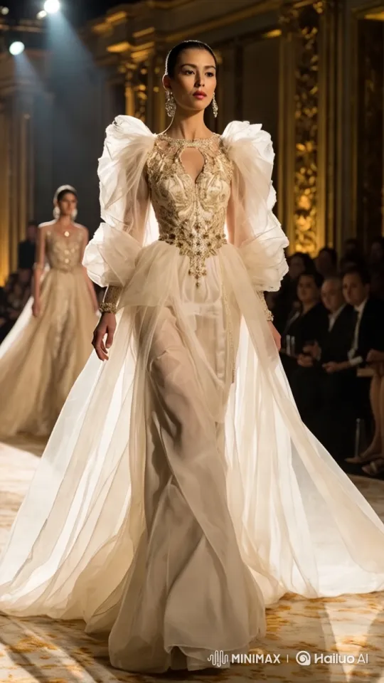 Model Struts in Embroidered Gown at Opulent Fashion Show – AI Generated Video | Hailuo AI
