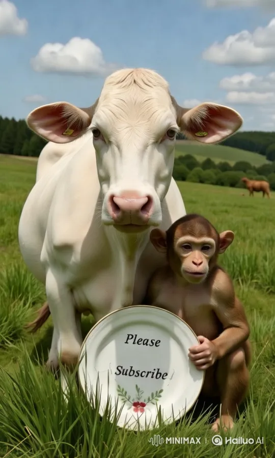 Rural Harmony: Cow and Monkey Invite Subscriptions – AI Generated Video | Hailuo AI
