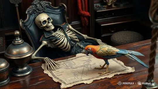 Pirate Captain's Cabin: Skeleton and Parrot Mystery – AI Generated Video | Hailuo AI