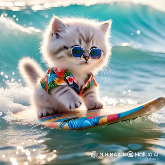Kitten Surfs in Hawaiian Shirt on Gentle Waves – AI Generated Video | Hailuo AI