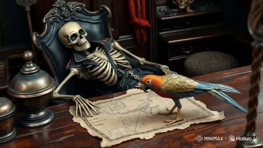 Pirate Cabin: Skeleton Captain, Parrot, and Antique Decor – AI Generated Video | Hailuo AI
