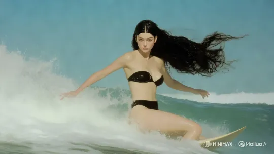 Woman Surfing with Grace Amidst Ocean Waves – AI Generated Video | Hailuo AI
