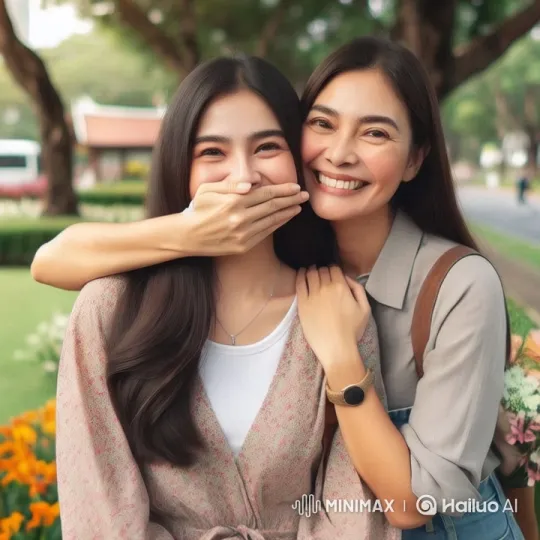 Vibrant Park Scene: Two Women's Affectionate Moment – AI Generated Video | Hailuo AI