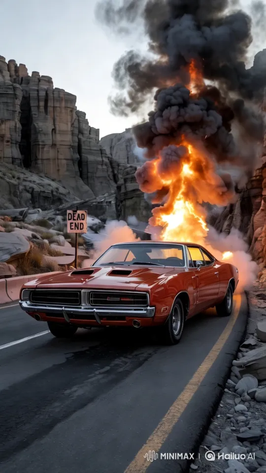 Muscle Car Explosion on Mountain Road – AI Generated Video | Hailuo AI