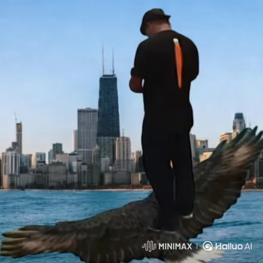 Man on Eagle Soars Over Cityscape and Water – AI Generated Video | Hailuo AI