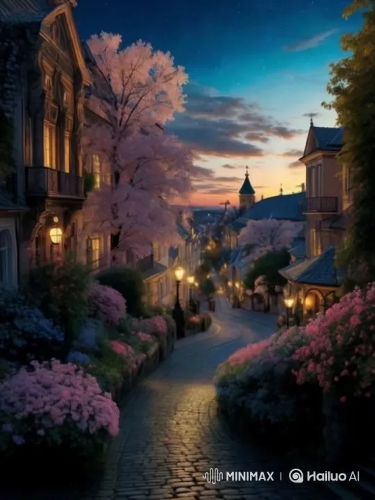 Twilight Stroll Through a Picturesque, Illuminated Village Street – AI Generated Video | Hailuo AI