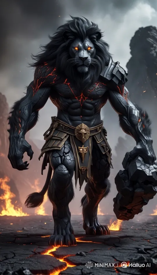 Powerful Lion Stands Dominant on Volcanic Land – AI Generated Video | Hailuo AI