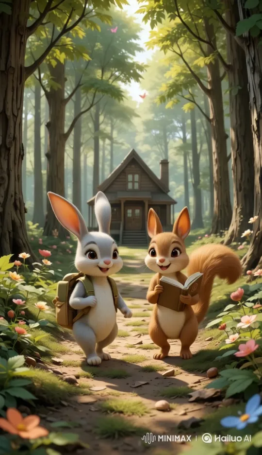 Enchanted Forest Adventure: Bunny and Squirrel to School – AI Generated Video | Hailuo AI