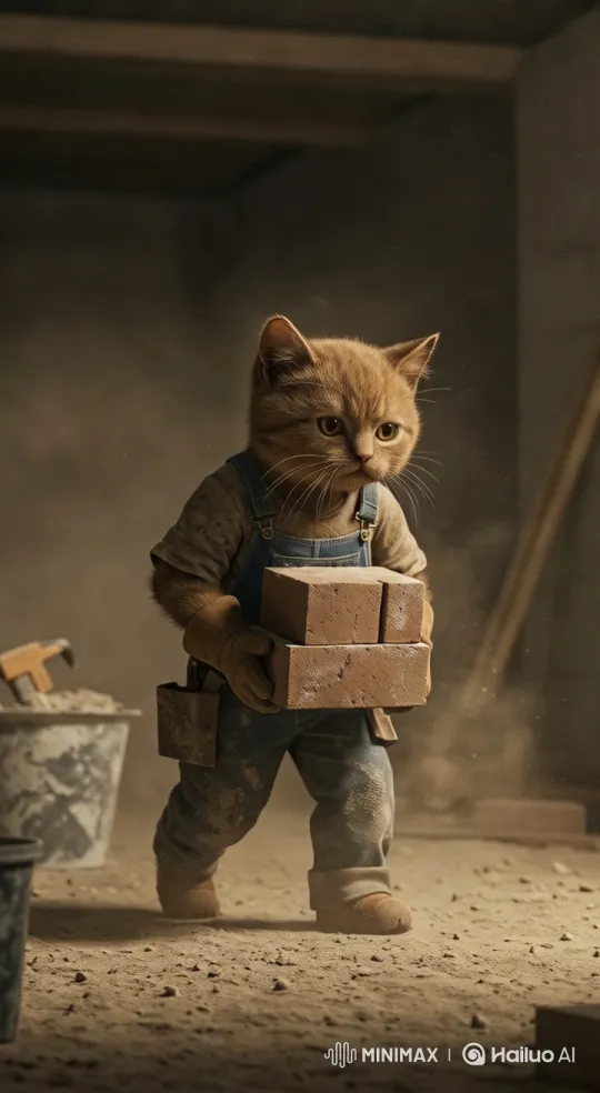 Cat Lifts Bricks at Industrial Construction Site – AI Generated Video | Hailuo AI