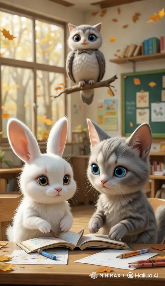 Rabbit and Kitten Collaborate on Art in Enchanted Classroom – AI Generated Video | Hailuo AI