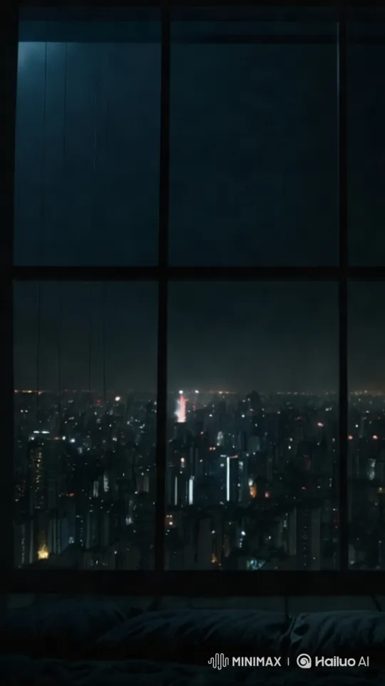 Dark, Moody Cityscape Captured Through Rainy Window – AI Generated Video | Hailuo AI