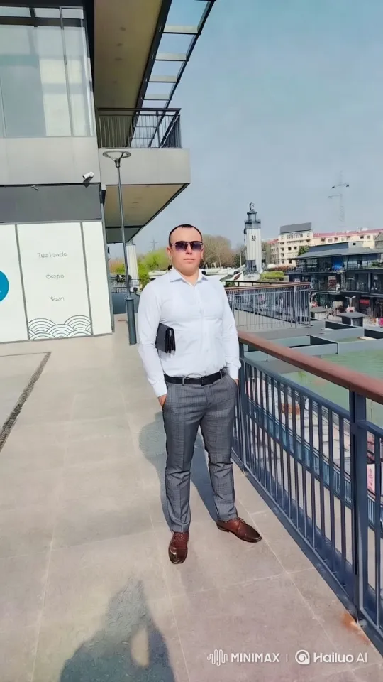 Modern Terrace Scene with Confident Man and Waterfront View – AI Generated Video | Hailuo AI