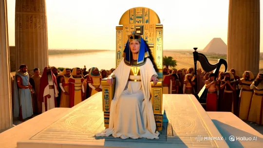 Cleopatra on Throne Amidst Ancient Egyptian Splendor – AI Generated Video | Hailuo AI