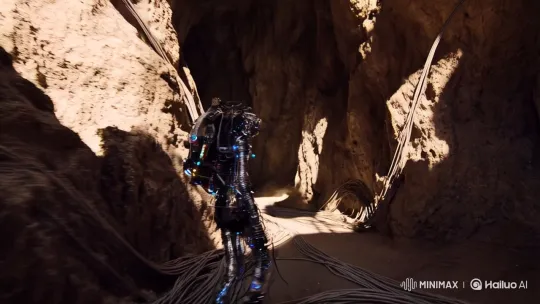 Human-Tech Figure Navigates Mysterious Cave with Surreal Shadows – AI Generated Video | Hailuo AI