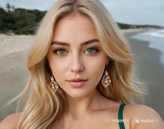 Blonde Woman on Peaceful Beach with Serene Waves – AI Generated Video | Hailuo AI