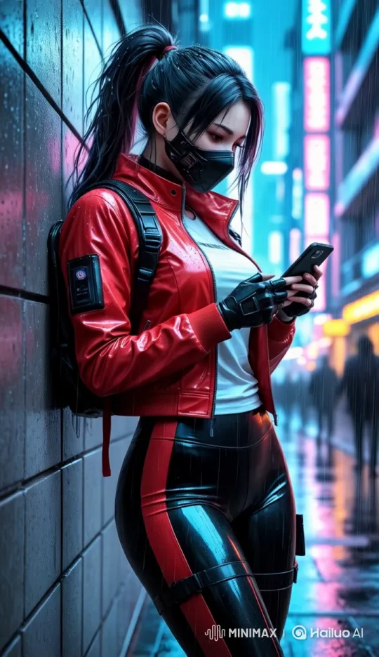Neon Alley: Young Woman Awaits in Rainy Ambiance – AI Generated Video | Hailuo AI