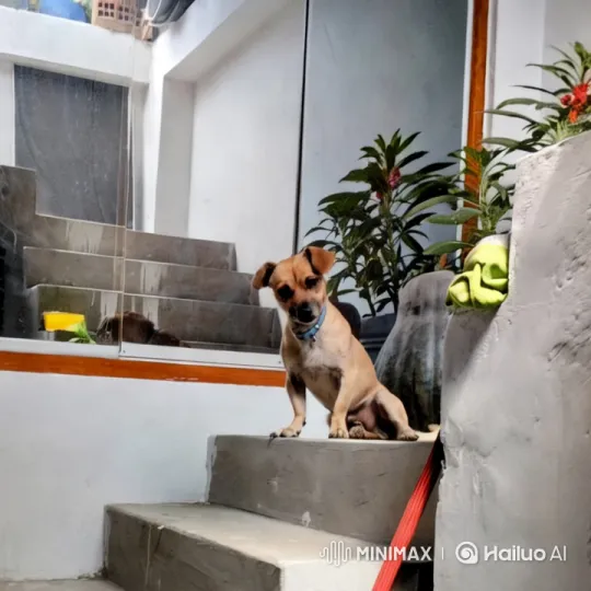 Dog in Modern Courtyard with Reflective Aesthetics – AI Generated Video | Hailuo AI