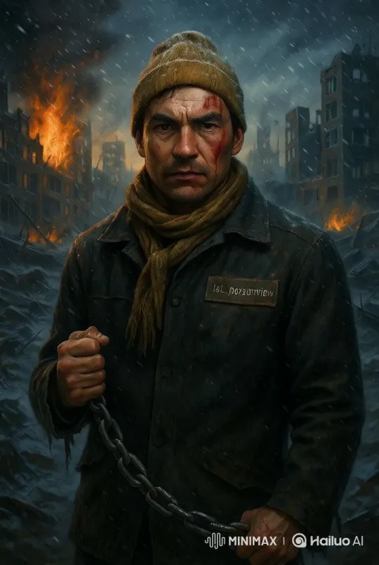Resilient Man Amidst War-Torn Cityscape – AI Generated Video | Hailuo AI