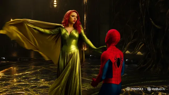 Scarlett Johansson Seduces in Gold, Captivating Spider-Man – AI Generated Video | Hailuo AI