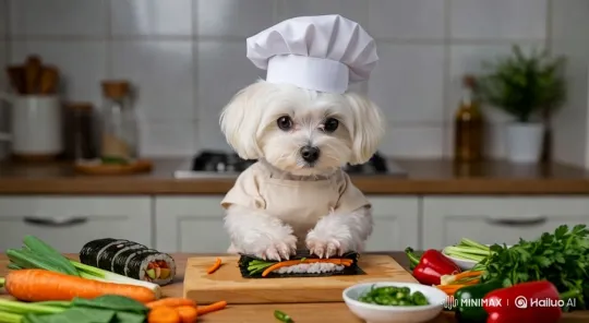 Aesthetic Video of a Dog Chef Rolling Sushi – AI Generated Video | Hailuo AI