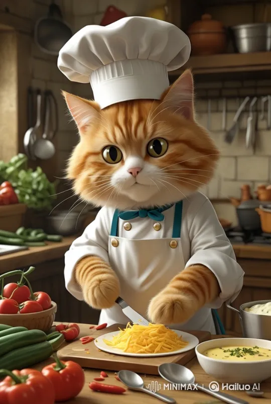 Charming Chef Cat Preparing Food in Rustic Kitchen – AI Generated Video | Hailuo AI